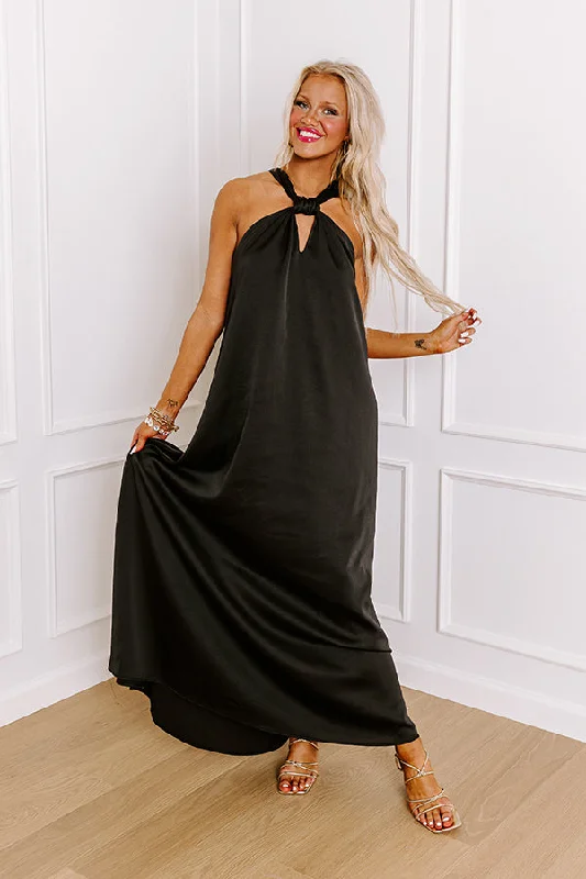 Pleated Women Dress with a Timeless and Elegant TextureBali Date Night Satin Maxi Dress in Black