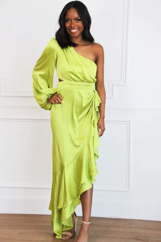 Sleeveless Women Dress in Bright Colors for Summer PartiesBarcelona One Shoulder Satin Ruffle Maxi Dress: Lime