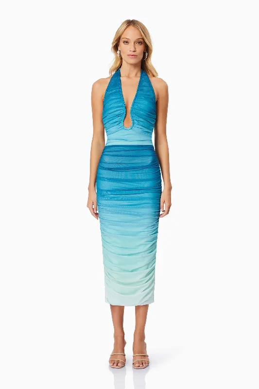 Strapless Women Dress with a Built - in Bra for Comfort and SupportBrielle Halter Neck Midi Dress In Blue