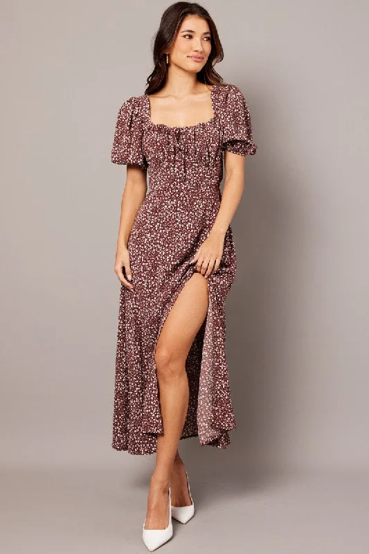 Maxi Women Dress with Floral Print for a Bohemian VibeBrown Ditsy Midi Dress Puff Sleeve Midi