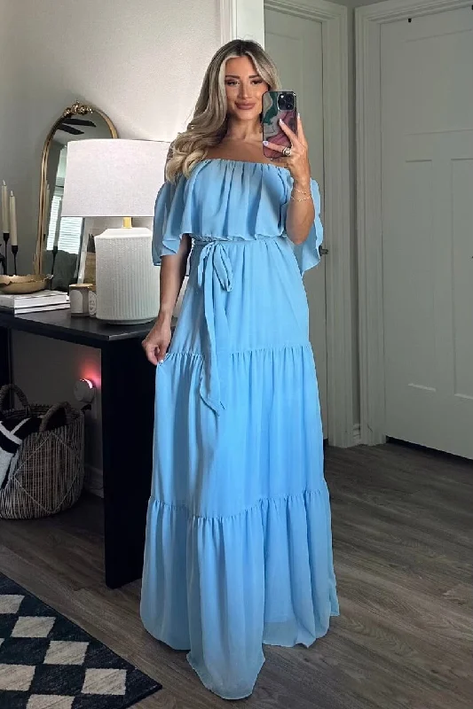 Backless Women Dress for a Sexy and Alluring Look at Evening EventsChesney Off Shoulder Maxi Dress: Blue