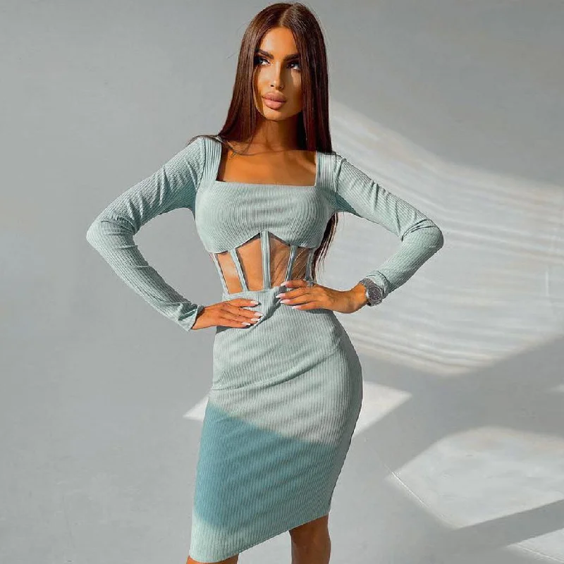 Plus Size Women Dress with a Flattering A - Line Cut for Comfort and StyleBerryBetty - Square Neck Long Sleeve Mesh Panel Rib Knit Midi Dress - Teal