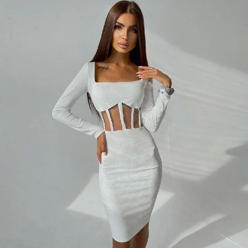 Wrap - Style Women Dress with Adjustable Fit for All Body TypesBerryBetty - Square Neck Long Sleeve Mesh Panel Rib Knit Midi Dress - White