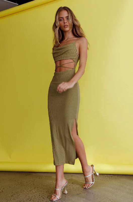 Strapless Women Dress with a Built - in Bra for Comfort and SupportCrazy In Love Cowl Neck Cut-Out Waist Midi Dress Olive