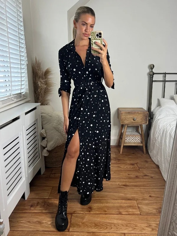 Plus Size Women Dress with a Flattering A - Line Cut for Comfort and StyleDaphne Belted Shirt Dress / Black and White Star Print