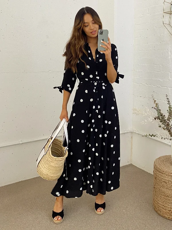 Little Black Women Dress with Sequins for a Glamorous Night OutDaphne Belted Shirt Dress / Mono Spot Print