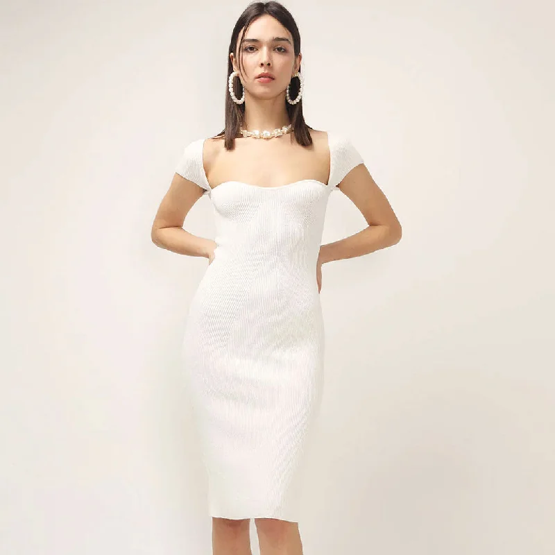 Shift Women Dress with a Simple and Classic Design for Everyday WearBerryBetty - Sweetheart Neck Cap Sleeve Ribbed Knit Bodycon Midi Dress - White