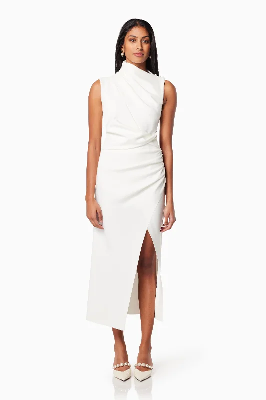 Empire Waist Women Dress to Accentuate the Bust and Conceal the WaistGenoa Fitted Midi Dress In White