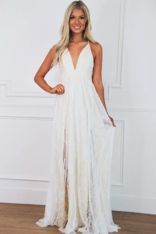 Sheath Women Dress with a Tailored Fit for a Professional LookJust Like Heaven Lace Maxi Dress: White/Champagne