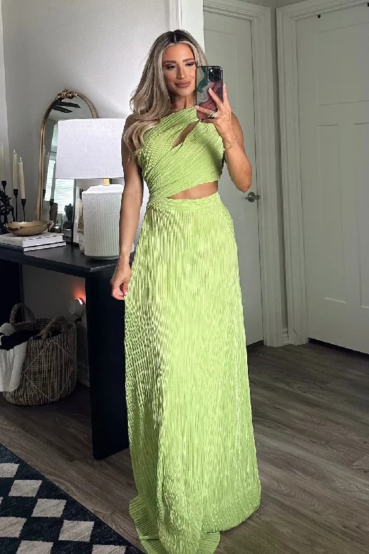 Lace - Embellished Women Dress for an Elegant and Sophisticated AppearanceKristen One Shoulder Cutout Pleated Maxi Dress: Bright Lime