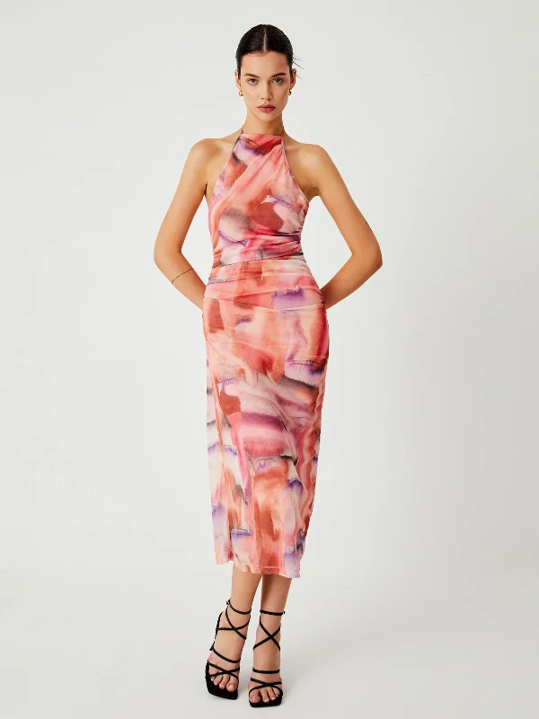 Strapless Women Dress with a Built - in Bra for Comfort and SupportBerryBetty - Lava Tie Dye Mesh Open Back Midi Dress