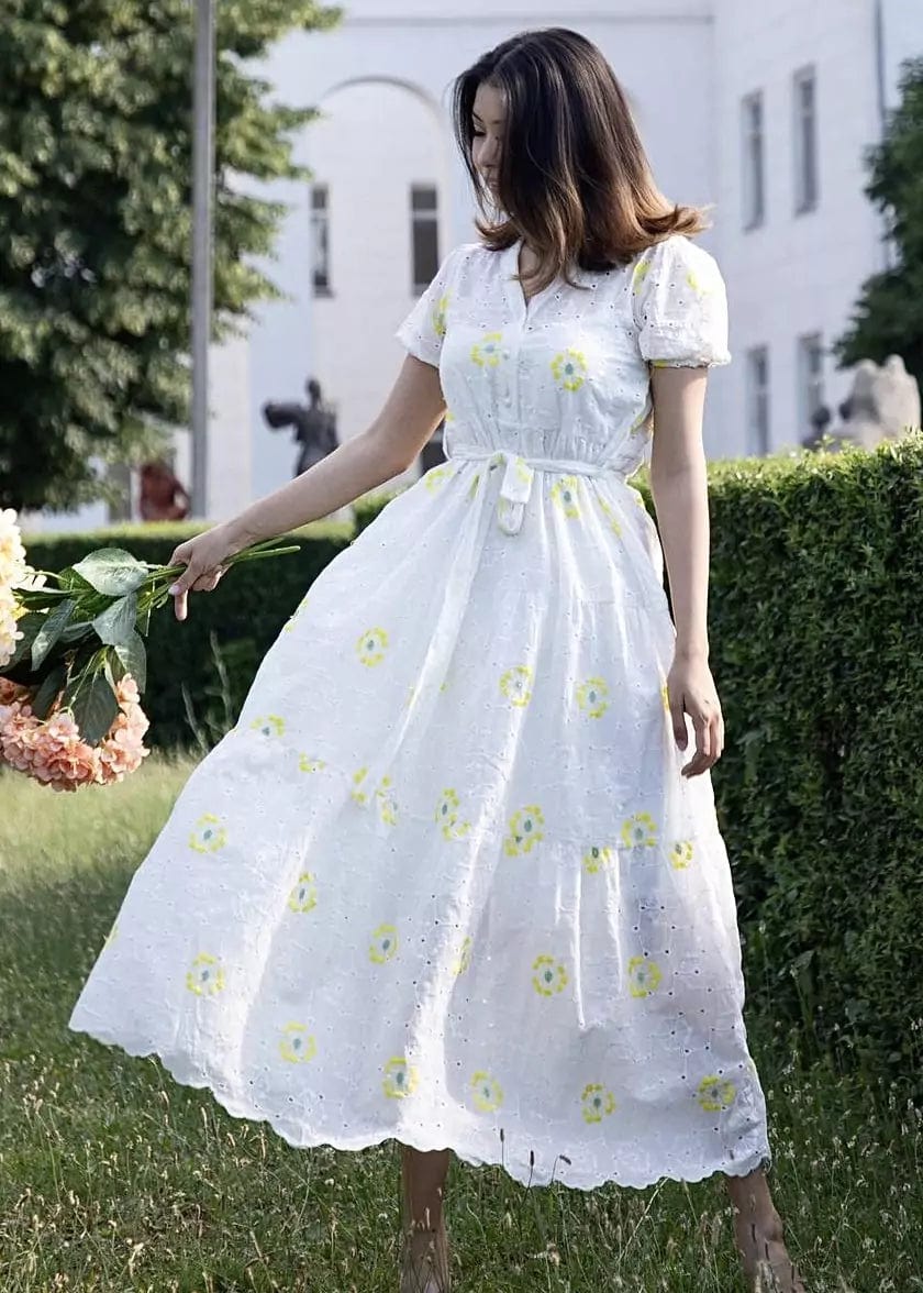 Sleeveless Women Dress in Bright Colors for Summer PartiesLola Cutwork Embroidered Dress - Yellow