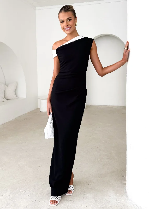 Pleated Women Dress with a Timeless and Elegant TextureNaida One Shoulder Maxi Dress - Black