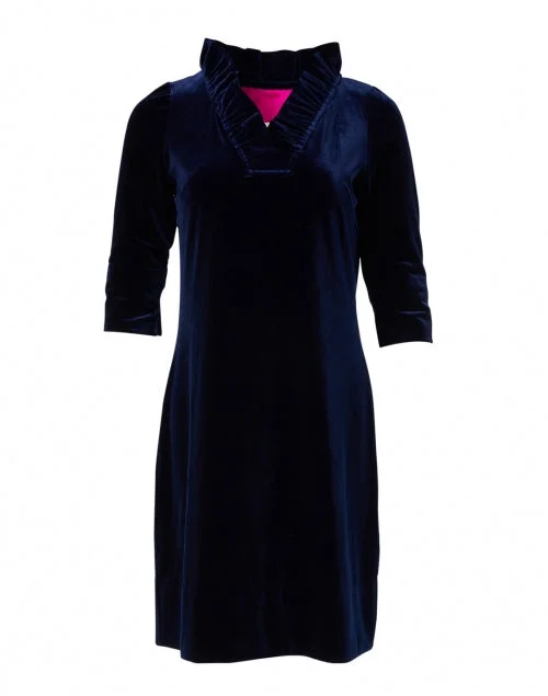 Plus Size Women Dress with a Flattering A - Line Cut for Comfort and StyleNavy Velvet Ruffle Neck Dress