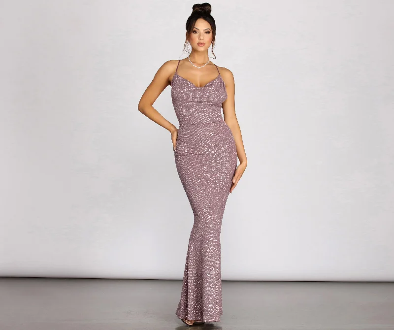 Strapless Women Dress with a Built - in Bra for Comfort and SupportNivea Mauve Glitter Cowl Neck Evening Gown