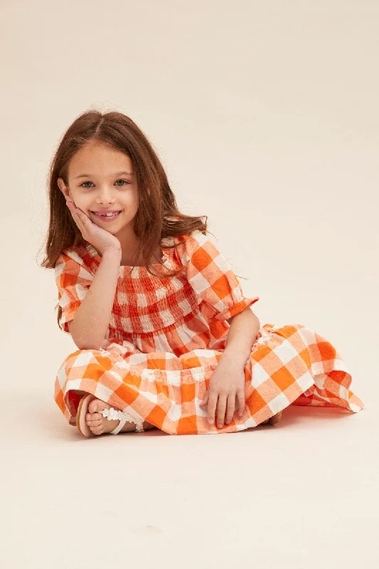 Long - Sleeve Women Dress in Velvet for a Luxurious Winter LookOrange Check Kids Midi Dress Short Sleeve Square Neck