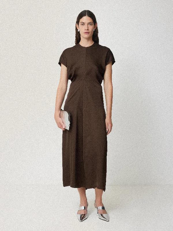 Pleated Women Dress with a Timeless and Elegant TextureSatin Crepe Midi Dress | Brown