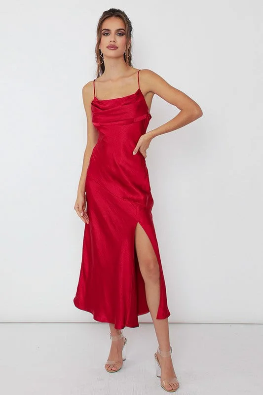 Ruffled Women Dress with Multiple Layers for a Playful and Girly StyleRed Satin Side Slit Midi Dress