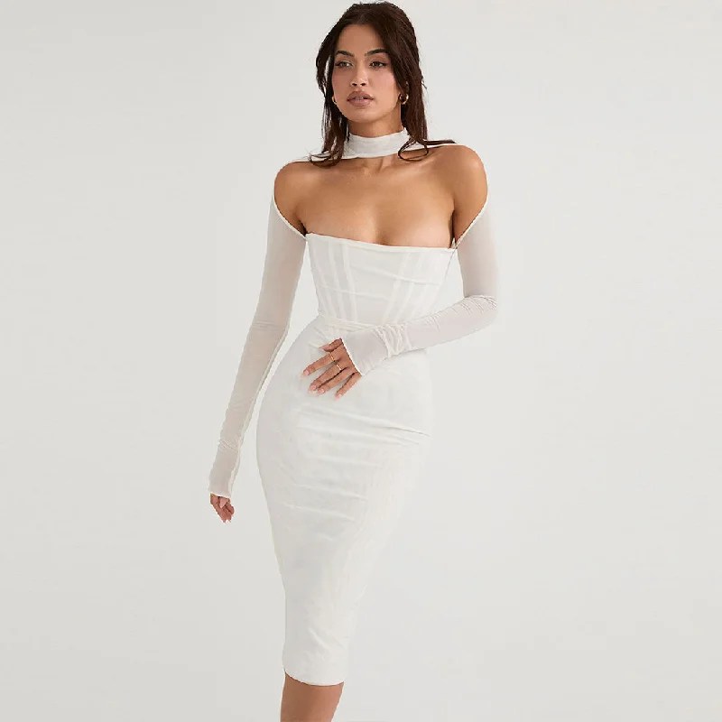 Little Black Women Dress with Sequins for a Glamorous Night OutBerryBetty - Cut Out Long Sleeve Mesh Bodycon Cocktail Midi Dress - White