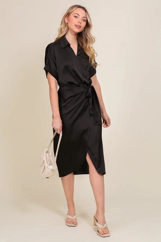 Plus Size Women Dress with a Flattering A - Line Cut for Comfort and StyleSurplice Satin Wrap Dress