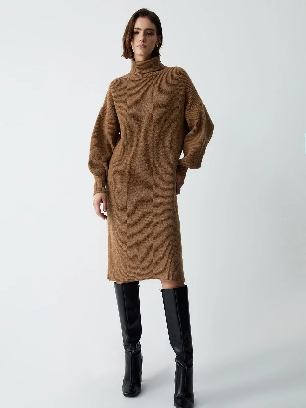 Sheath Women Dress with a Tailored Fit for a Professional LookBerryBetty - Terracotta Turtleneck Long Sleeve Midi Sweater Dress