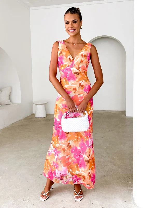 Ball Gown Women Dress with a Full Skirt for a Princess - like LookThessy Maxi Dress - Tangerine Floral