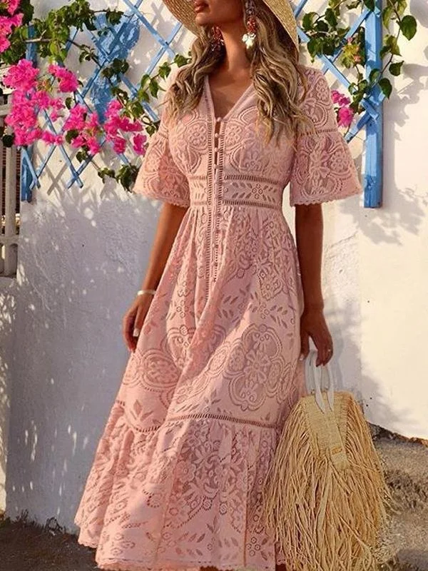 Maxi Women Dress with Floral Print for a Bohemian VibeV-neck Short Sleeve Hollow Lace Dress