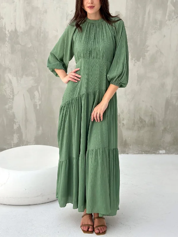 Ruffled Women Dress with Multiple Layers for a Playful and Girly StyleVirid Green Long Dress