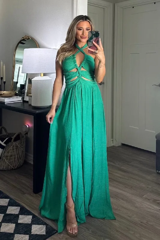 Ruffled Women Dress with Multiple Layers for a Playful and Girly StyleYour Place or Mine Halter Maxi Dress: Green