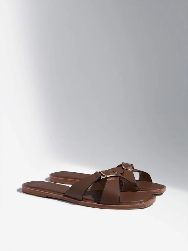 LUNA BLU Tan Cross Strap Buckle Slides