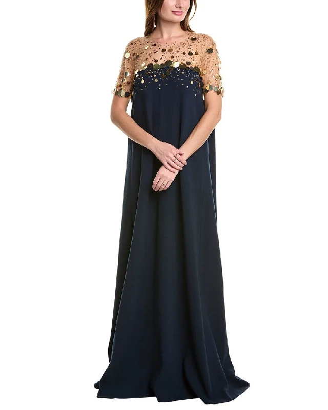 Oscar de la Renta Sequin & Fireflies Embroidered Wool-Blend Gown