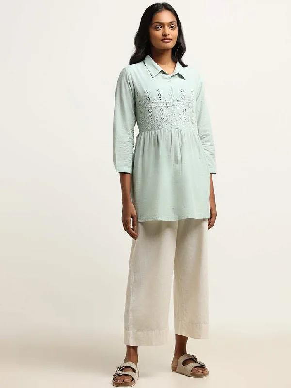 Utsa Aqua Schiffli Collared Kurti