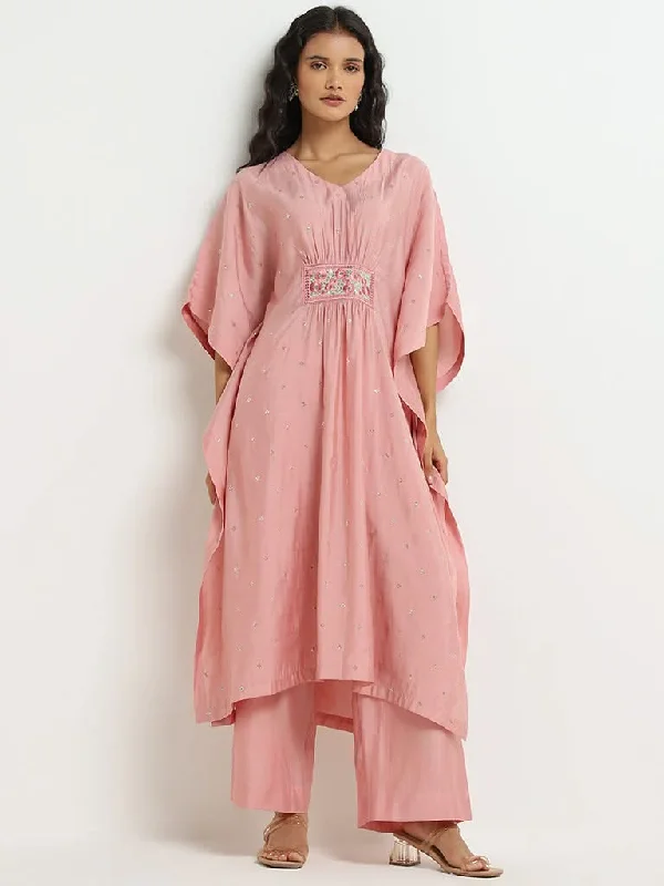 Vark Pink Floral Embroidered Kaftan and Mid-Rise Ethnic Pants Set