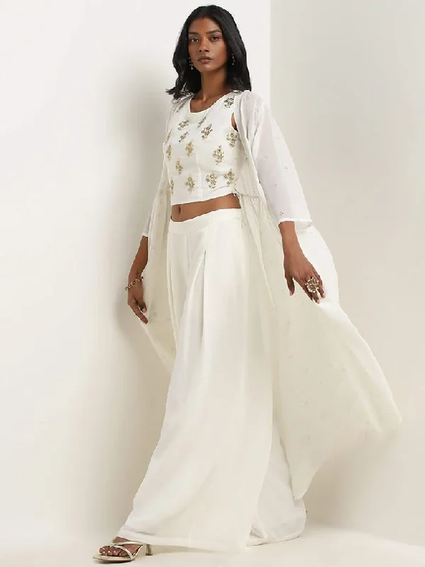 Vark White Floral Embellishment Crop Top, Palazzos and Shrug Set