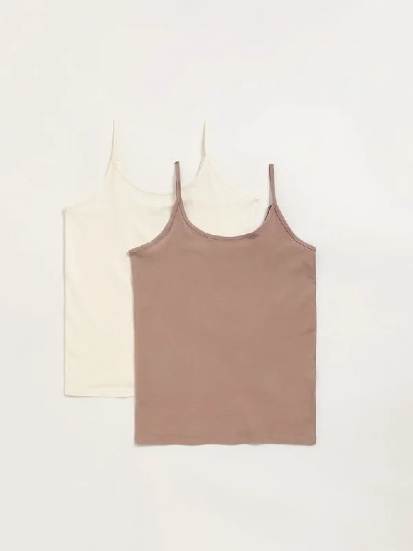 Wunderlove Off-White Cotton Blend Camisoles - Pack of 2