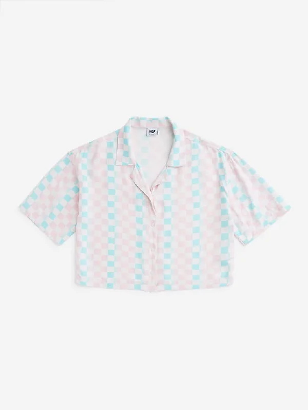 Y&F Kids Blue Checkerboard Design Cropped Shirt