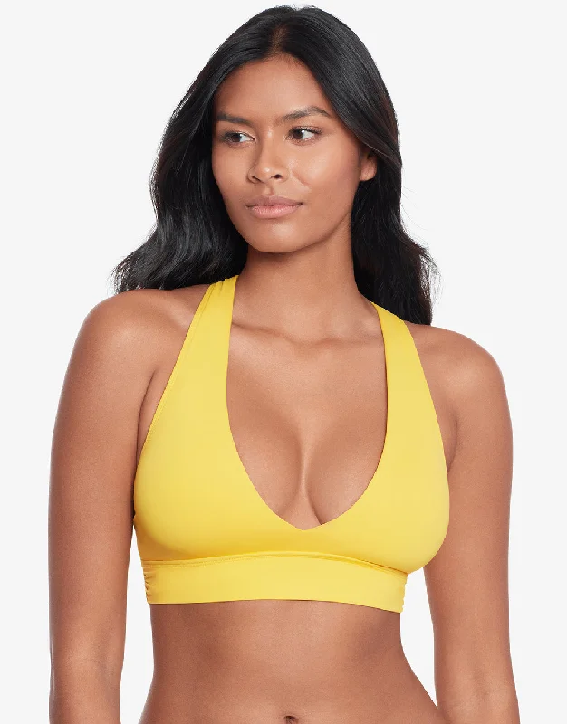 Ruched women swimwear with fabric gathers for a slimming effectBeach Club Solids Twist X Back Bikini Top - Yellow