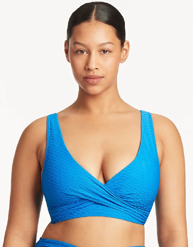 One - piece women swimwear with cut - outs for a stylish and modern appealHoneycomb Cross Front Multi-Fit Bikini Top - Capri Blue