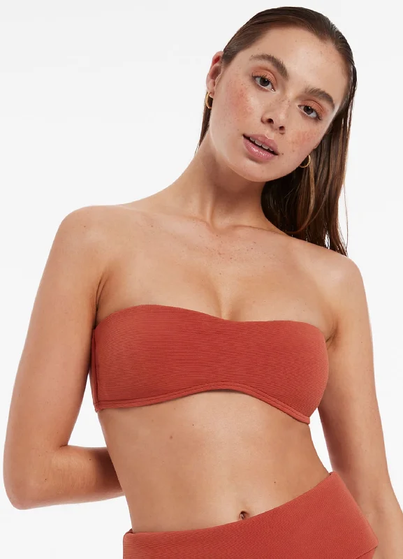 Long - sleeve women swimwear for extra sun protection and modestyIsla Rib Minimal Bandeau Bikini Top - Russet