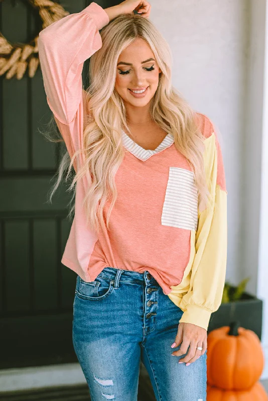 Color Block V-Neck Dropped Shoulder Sweatshirt with Pocket