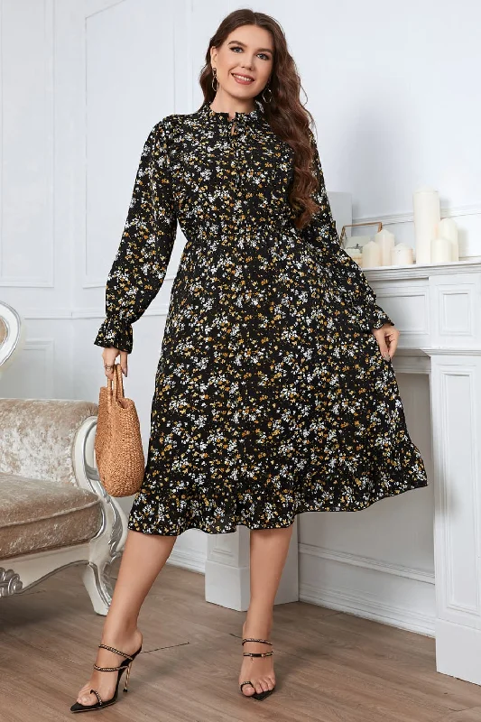 Plus Size Floral Flounce Sleeve Midi Dress