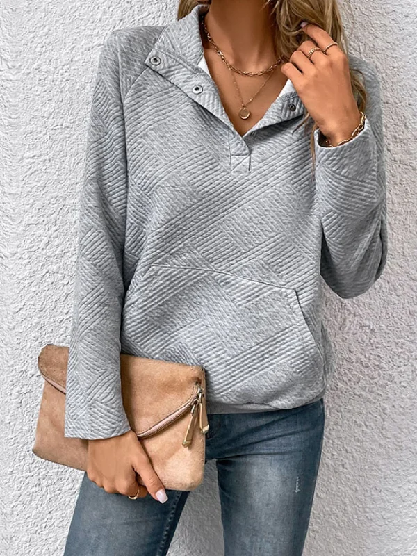 Half Buttoned Collared Neck Sweatshirt with Pocket