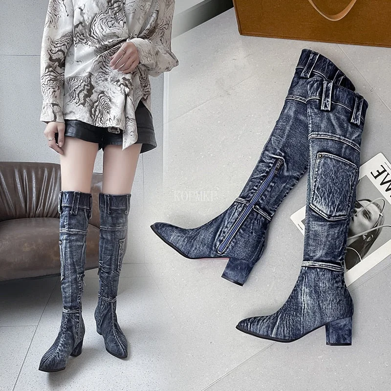 Knee-High High Heel Denim Chelsea Boots