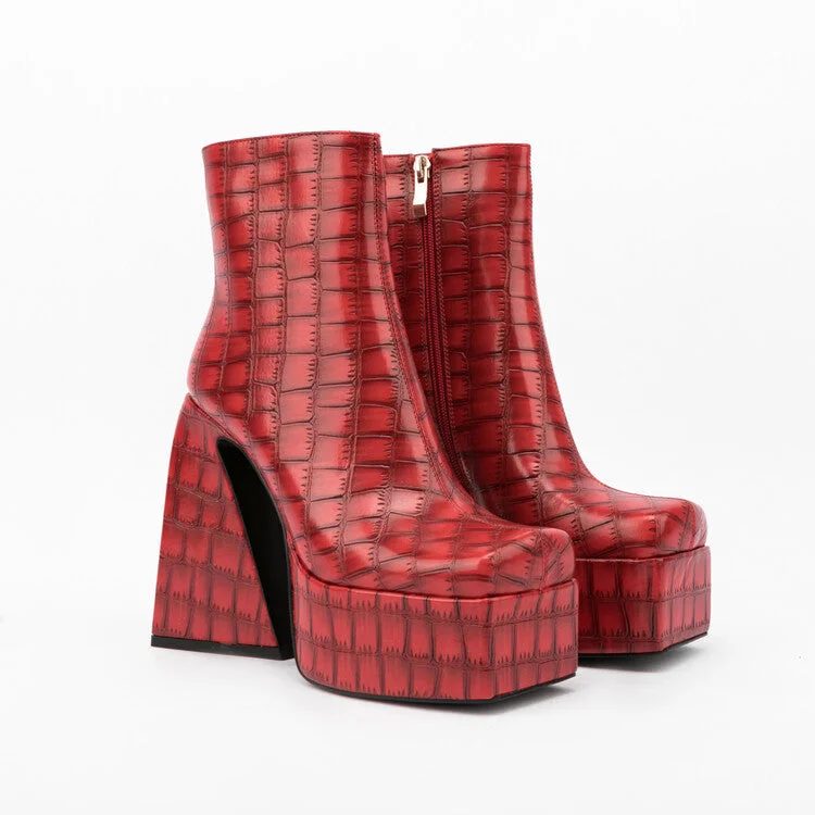 Square Head Animal Pattern Chunky Heel Boots